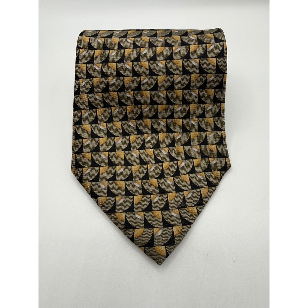 Versini Men Silk Necktie Geometric Fan Pattern Gold Tan Black Woven Classic